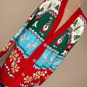 2X awesome long length holiday cardigan - Christmas gnomes and moose details